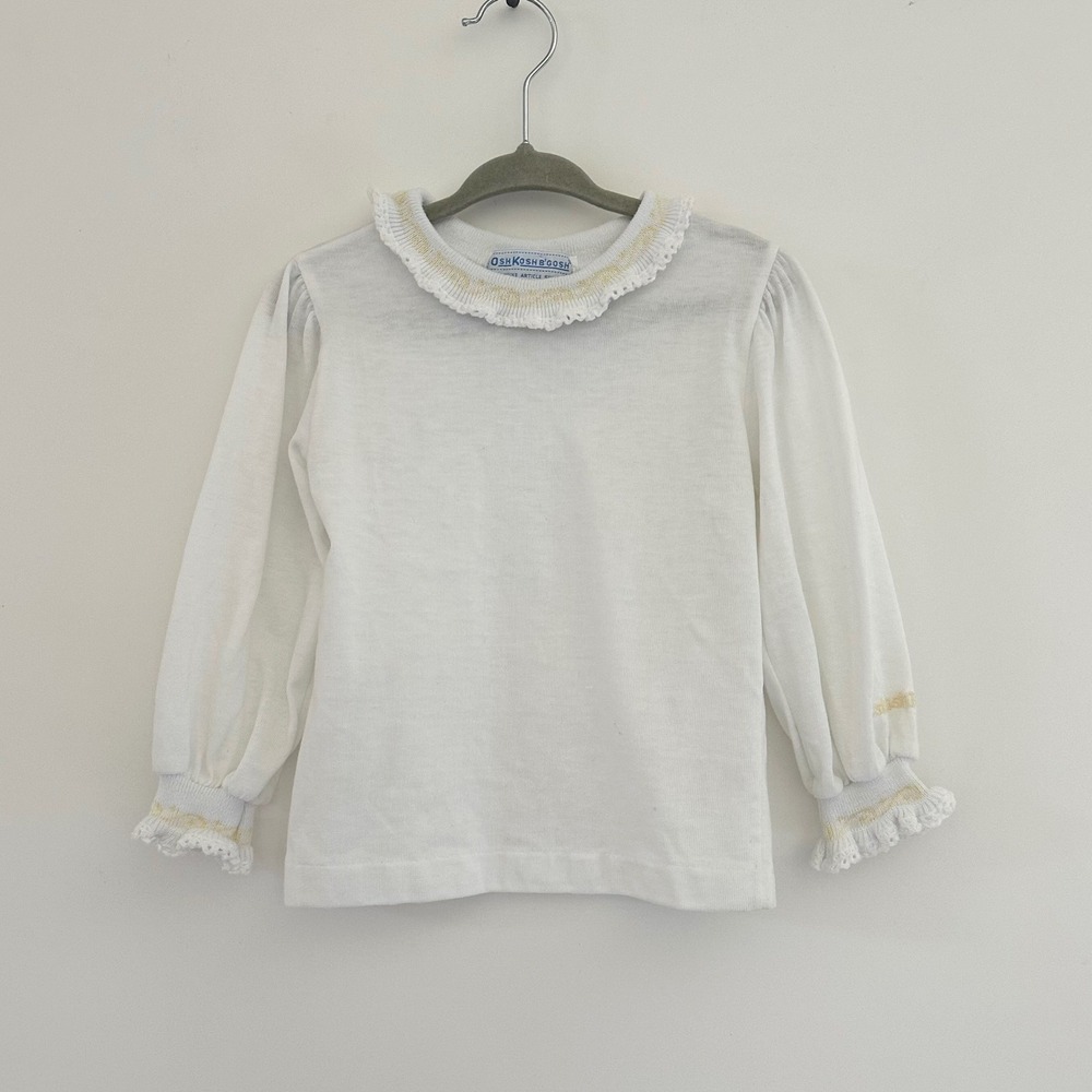 Vintage OshKosh B'Gosh Girls 3T White Lace Ruffle Collar Long Sleeve Top USA 90s
